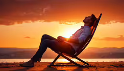 a person sitting in a chair watching the sun set,a man sitting on top of a wooden chair in front of the sun