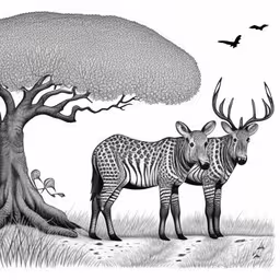 a black and white drawing of two zebras next to a tree,two zebras are in a field next to a tree