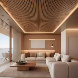a living room with a large couch, wooden ceilings and a television