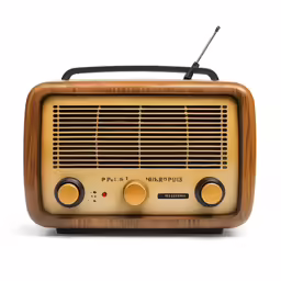 a wood radio on top of a white surface