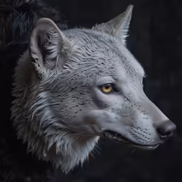 a white wolf stares into the distance with yellow eyes