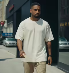 a man on the sidewalk of an urban street with cars