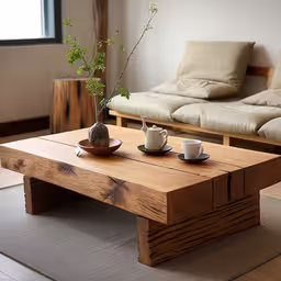a coffee table with two mugs and a vase of flowers,two chairs in the living room with a wooden table