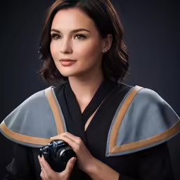 a woman in a black dress with a gray jacket holding a camera
