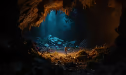 a person stands inside of a cave, looking at the light