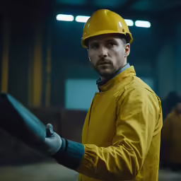 a man in a hardhat standing in a factory