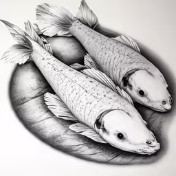 two fish sitting in a circle shaped drawing