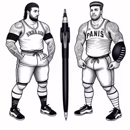 a basketball player and his coach in a graphic style,two men in football uniforms and a pen,two men standing side by side next to a pen,two athletes holding basketball balls standing next to each other,two men with tattoos are next to a pen