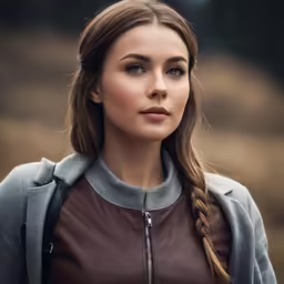 a woman wearing a jacket and braid standing outdoors