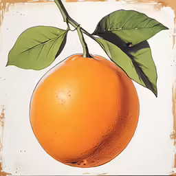 an orange with green leaves and on a white background