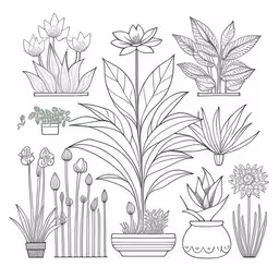 a set of potted plants on white background,a variety of potted plants drawn in a line art style