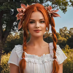 a redheaded woman in white and a flower wreath