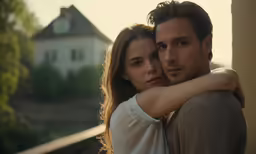 a man and a woman are looking away from the camera
