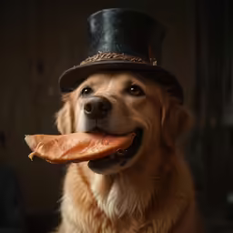 a dog with a top hat and hotdog bun in his mouth