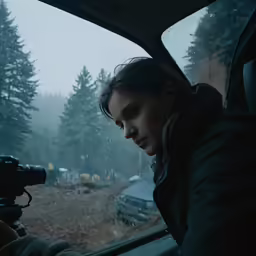a woman in a car taking a photograph of trees in the rain