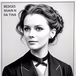 a black and white portrait of a woman with an unkempt bow tie