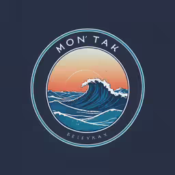 a logo with the title of a restaurant,a poster for the front cover of montak, with waves coming in