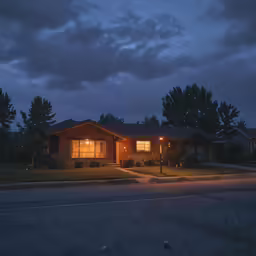 a dark street and a house with lights on at night