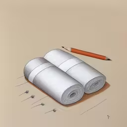 two rolls of paper and one pencil are on the ground,the drawing of three rolls of paper and a pencil