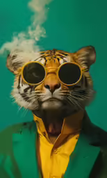 the tiger is wearing sunglasses and green coat