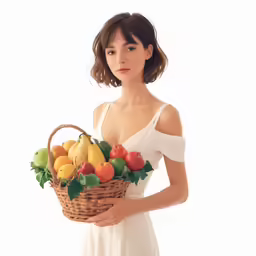 a woman holding a basket full of vegetables