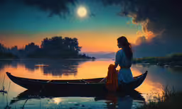 a woman sitting in the front of a boat on a lake,a man in a long dress riding on the back of a boat