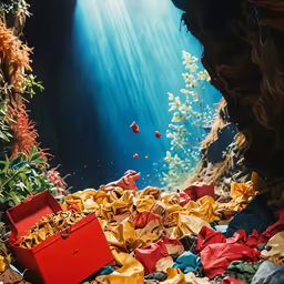 an underwater cave full of garbage and items to buy