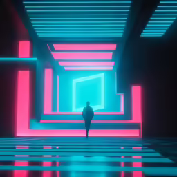 a person standing in an empty hallway in front of colored light