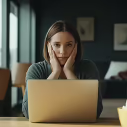 young woman sitting at table with laptop computer