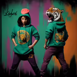 two women in green and purple outfits with the tiger on them