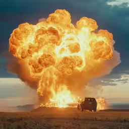 a car driving away from a large fire that is exploding