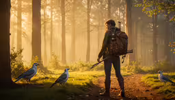 a man with a backpack and two birds walking by,a man stands on a path holding a rifle and looking at birds