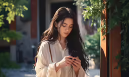 woman walking down the street looking at her cell phone