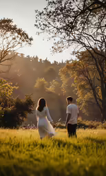 a couple walking across the grass holding hands
