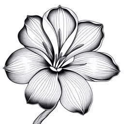a flower from the side with leaves drawing in black on white,a flower with large, thin leaves on it