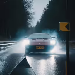 the car is turning on the wet road