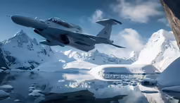 a fighter jet flying above a mountain lake
