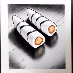 two pastries in the middle of a black and white drawing