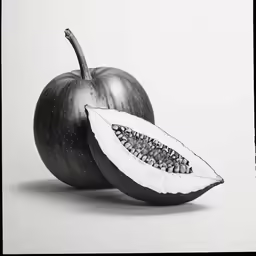 an apple with a cut in half section with seeds