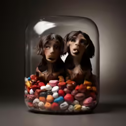 two statues of a dog in a display case filled with rocks
