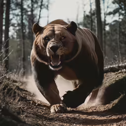 a big brown bear walking across a forest