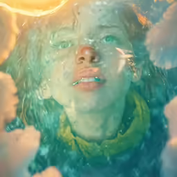 a girl looking at the reflection of water on her face