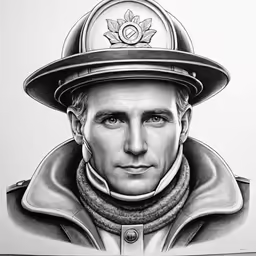 the portrait is drawn in pencil and has a helmet on top