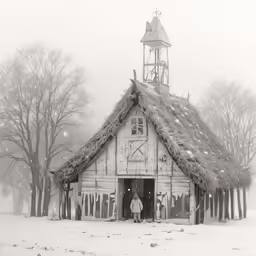 a white thatch roof and clock in a snowy forest