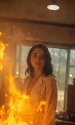 a woman in an unfurnished room is surrounded by flames
