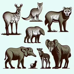various wild animals set on white background,an animal design collection is on display