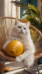 a white cat is sitting on a chair holding a ball