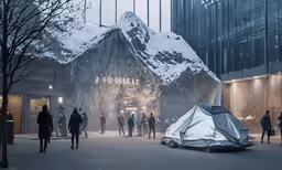 people outside a building in the snow near tents