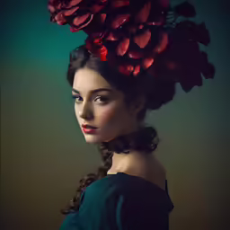 woman with head full of flowers on her head