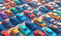 a parking lot full of parked cars in the sun